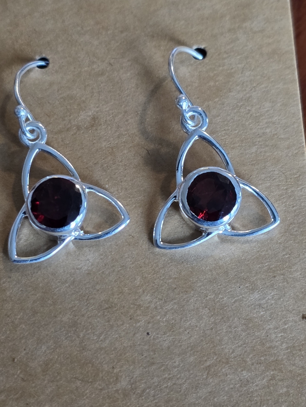 Sterling Silver Celtic Drop Earrings with Deep Red Garnet Gemstones